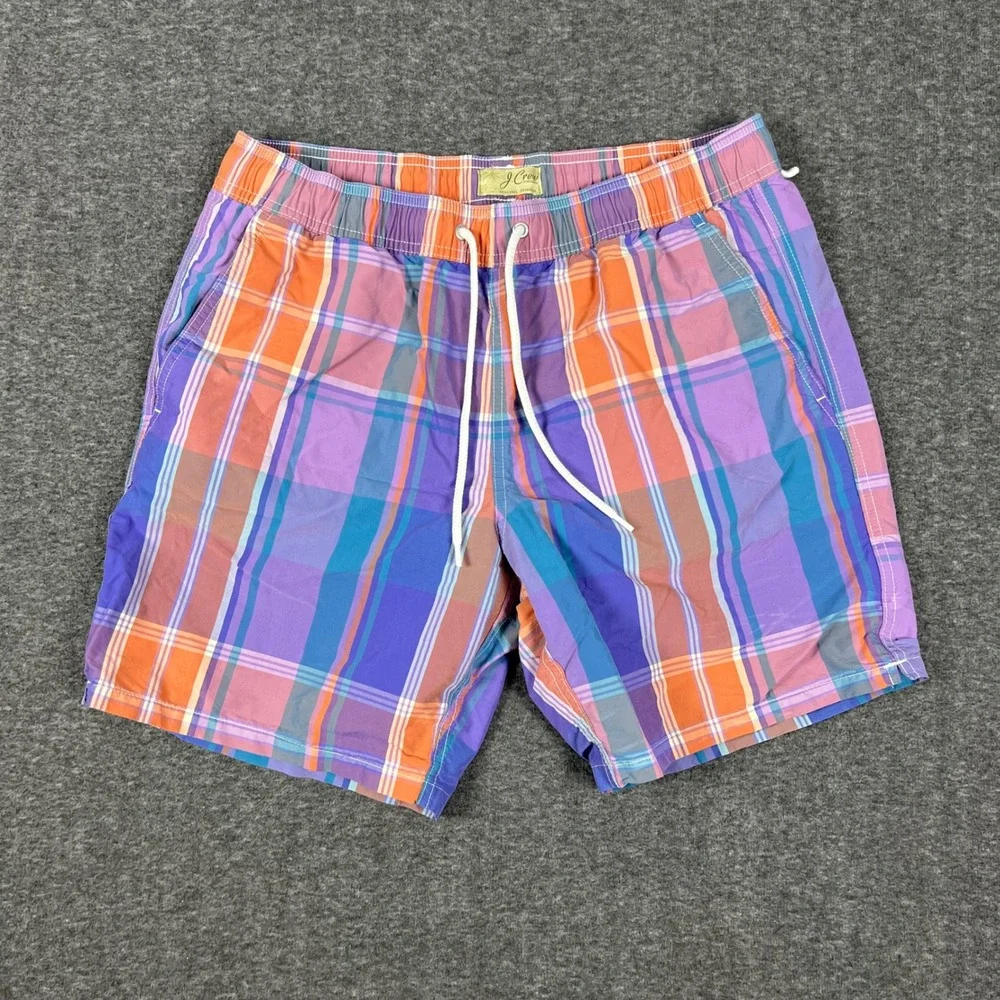 J Crew Swim Trunks Men Medium Purple Orange Madras Plaid Mesh Lined Board Shorts